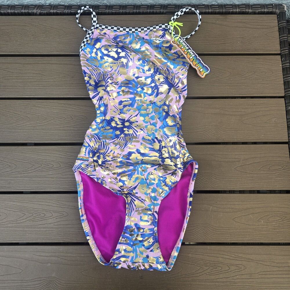 TYR The Finals Womens Rainbow Foil Swimsuit Flutterback Size 28 New